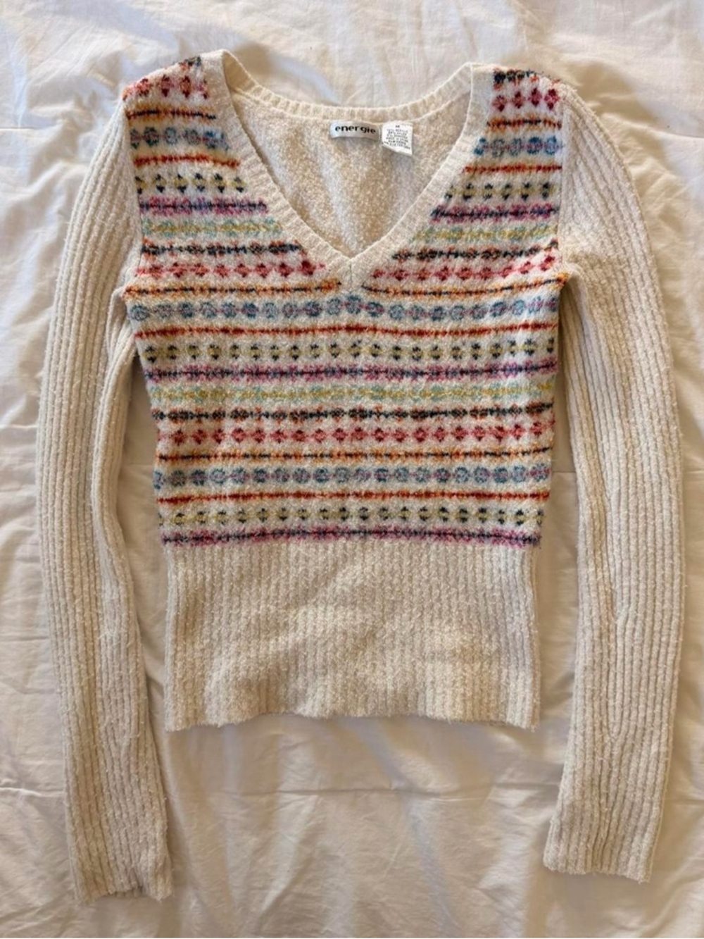 Energie Cream V-Neck Fair Isle Stripe Sweater